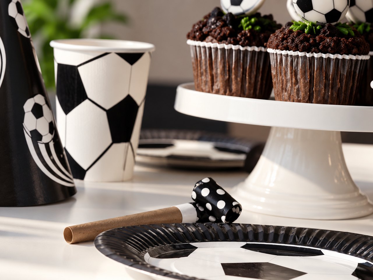 Fußballparty-Tischdeko mit Muffins und Bechern für den Kindergeburtstag bei KissSoccer